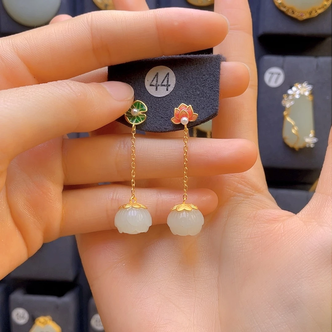 和田玉耳饰银S925镀金镶嵌