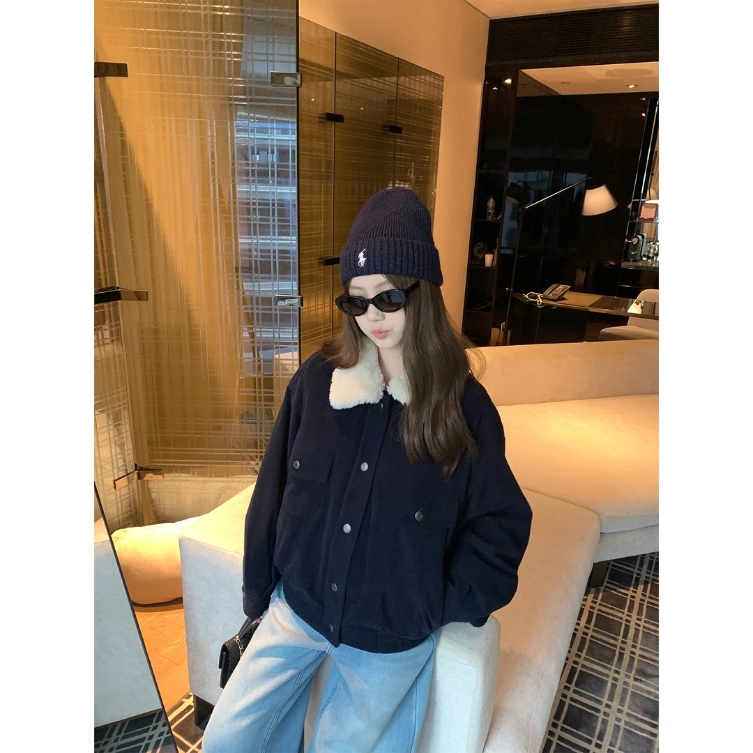 韩版深蓝色灯芯绒毛领棉服外套女冬季2025新款慵懒宽松百搭棉衣