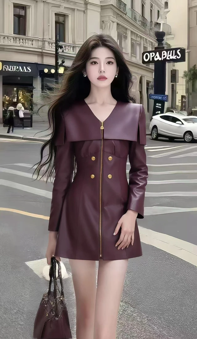 轻奢小众优雅知性风酒红色V领拉链设计长袖连衣裙显瘦气质短裙女