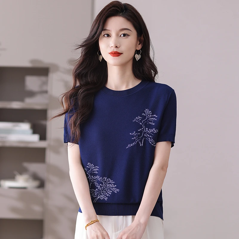 高端品牌女装时尚重工刺绣冰丝大码短袖T恤夏季宽松薄款针织上衣