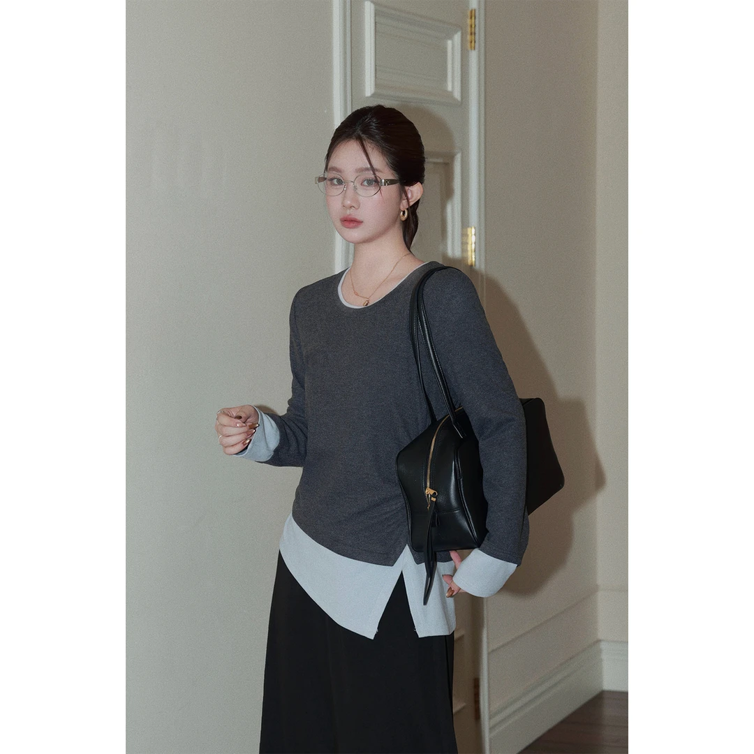 现货大婉酱微胖定制撞色拼接假两件长袖T恤女时尚打底上衣 1007D