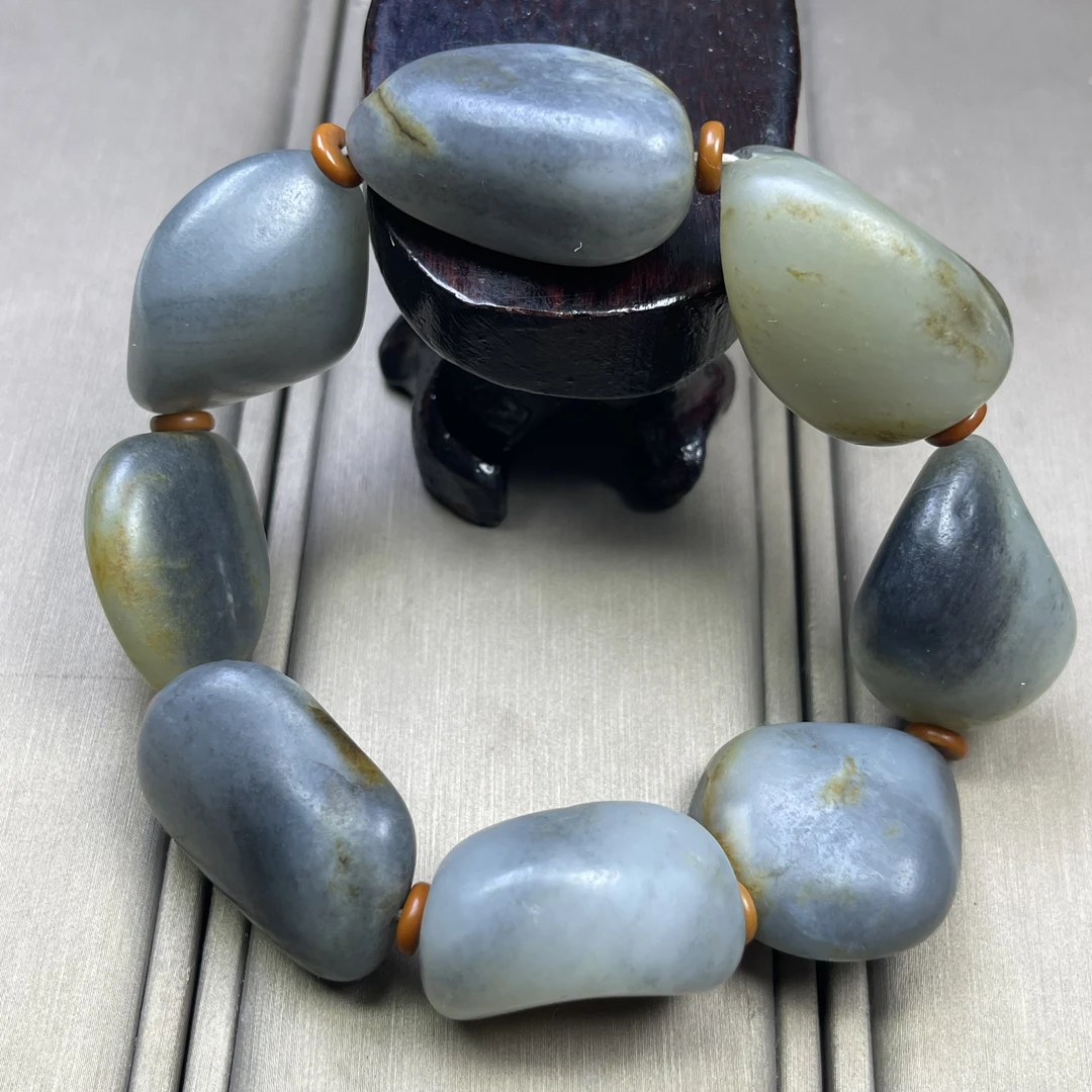 天然新疆和田玉青花籽宽22mm长30mm随形手串一物一证