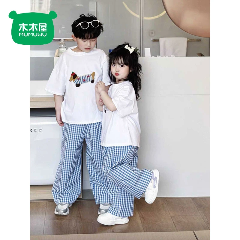 木木屋男女童夏季套装新款立体小狗韩版女孩T恤两件套休闲格子裤