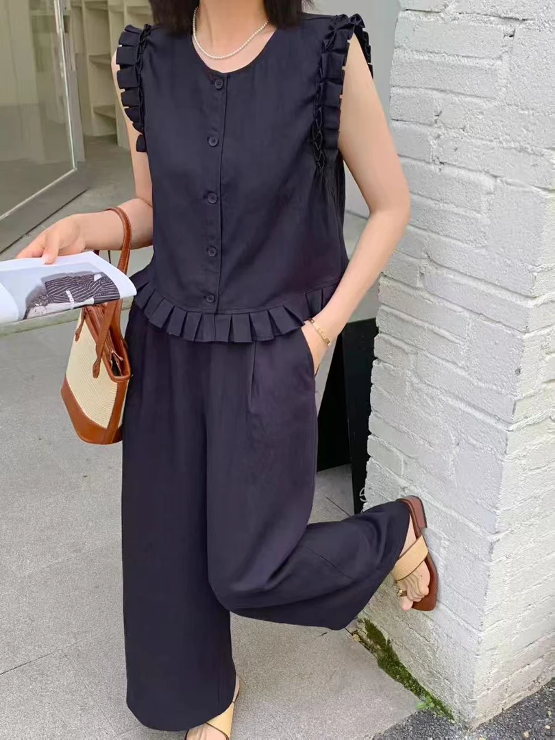 圆领花边背心上衣阔腿裤套装女夏季2025新款减龄时尚套装25-100