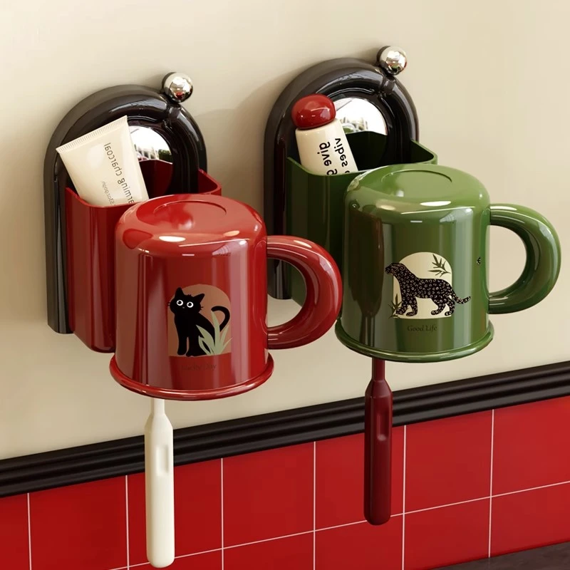 吸盘牙刷置物架磁吸漱口杯刷牙杯子家用卫生间壁挂式免打孔洗漱杯