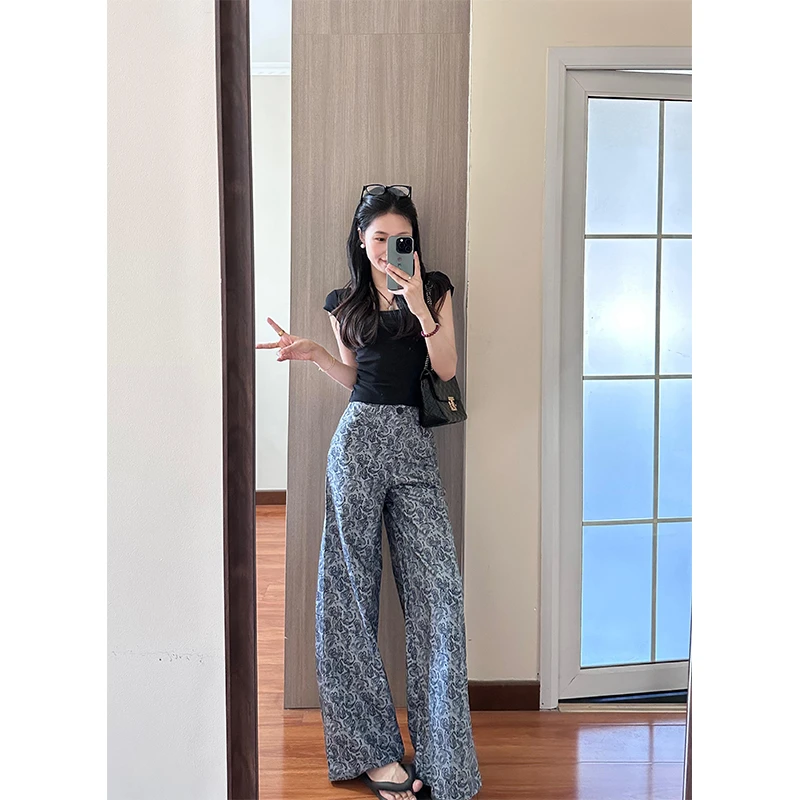 2025新款女士夏季时尚穿搭修身显瘦短袖针织上衣高腰宽松阔腿裤