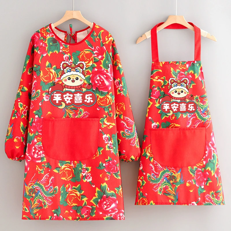 时尚帆布围裙家用厨房2025新款民族风长袖罩衣餐饮专用防污工作服