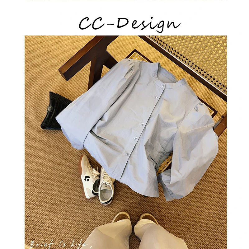 CAICAI-【海岸来信】春季韩版圆领长袖衬衫百搭小众宽松衬衣121012