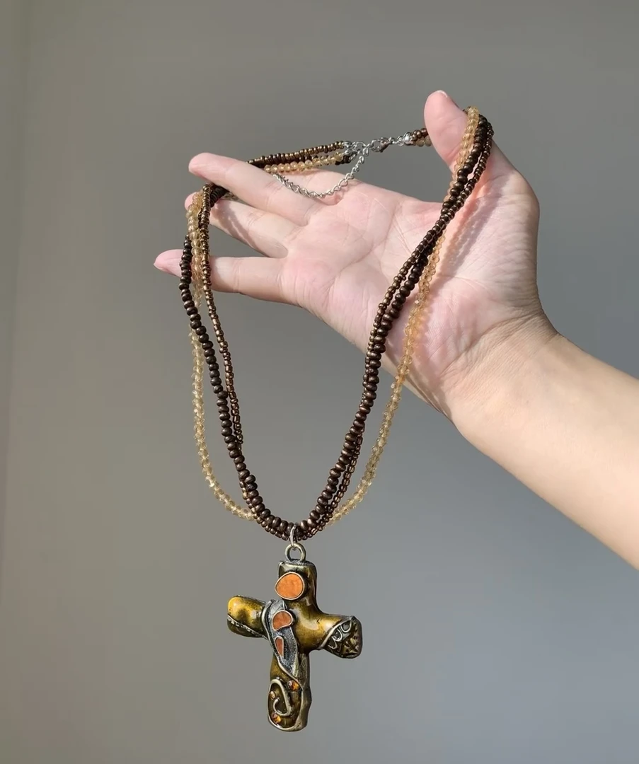 重工复古哥特风十字架多层水晶串珠项链千禧辣妹百搭小众锁骨链