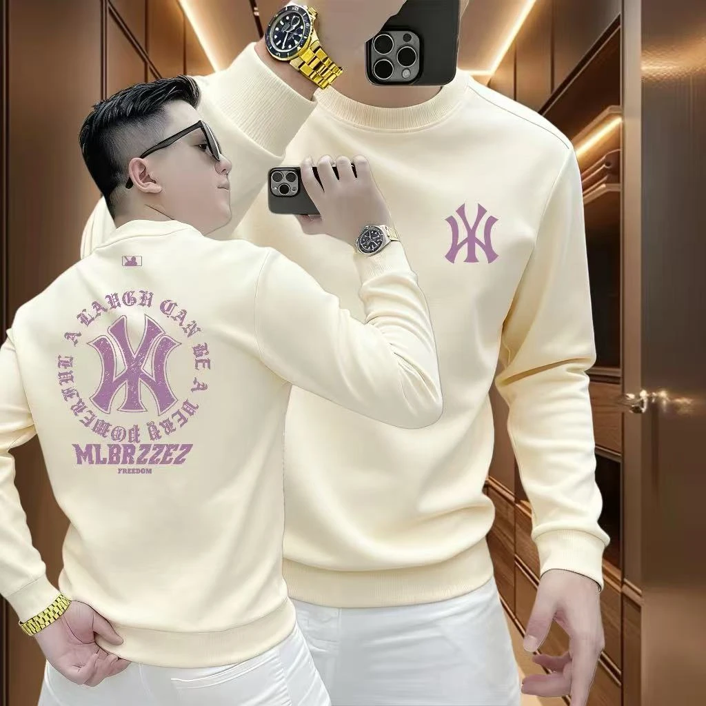 秋冬季WY男士长袖卫衣休闲时尚新款百搭圆领印花加绒加厚套头上衣