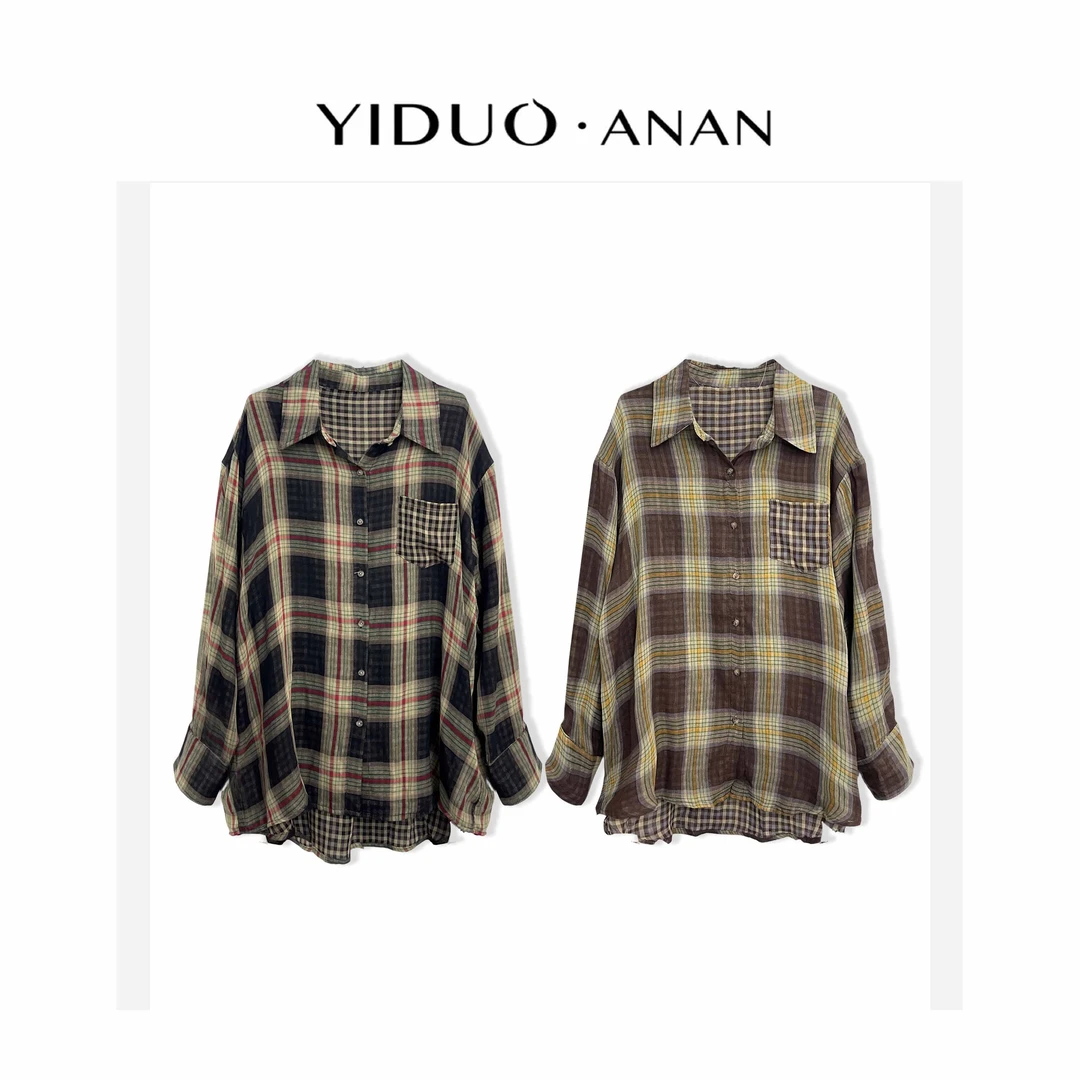 Yi·Duo 大码美式格子双色大版防晒衬衫