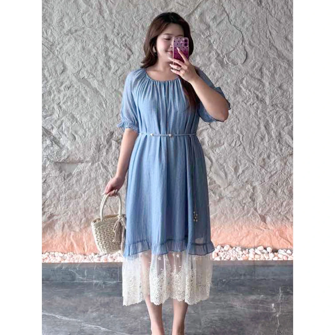 MsShe【谧蓝丝语】大码秋装法式度假风蕾丝拼接长款连衣裙Q2505002