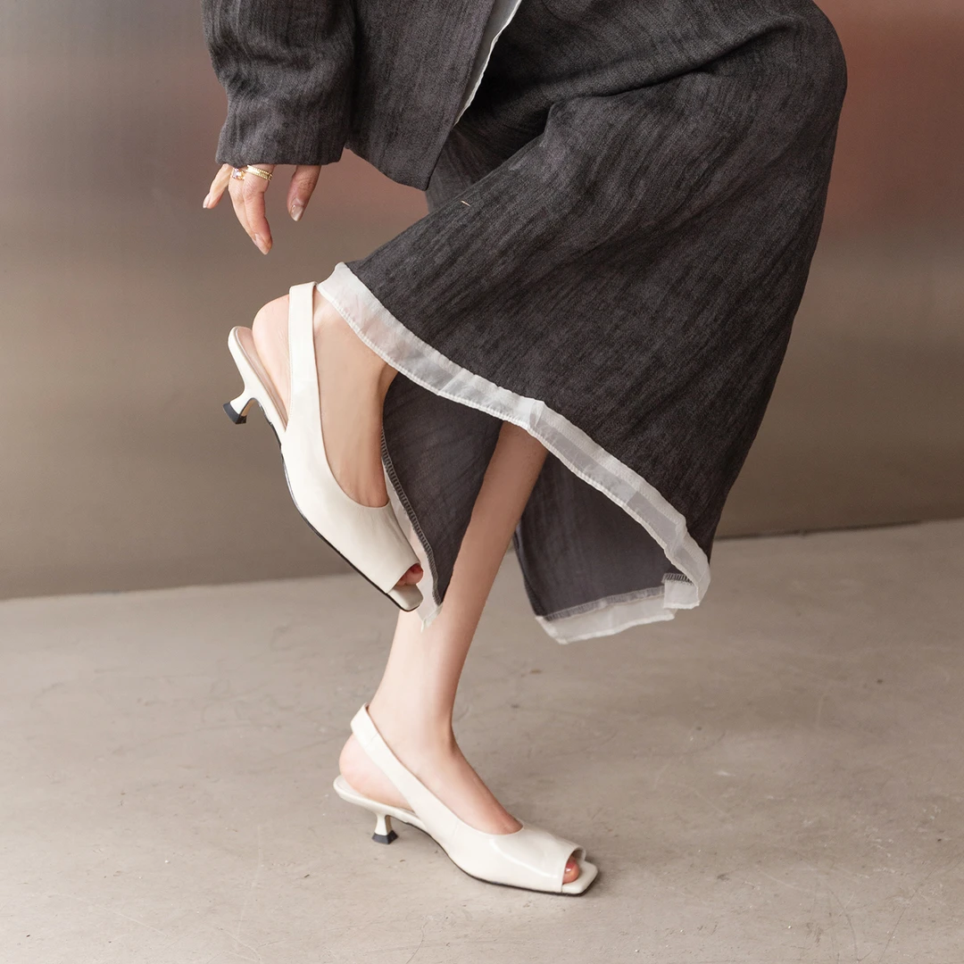 Sheriley77小众百搭真皮鱼嘴鞋细跟低帮舒适法式休闲风时装凉鞋