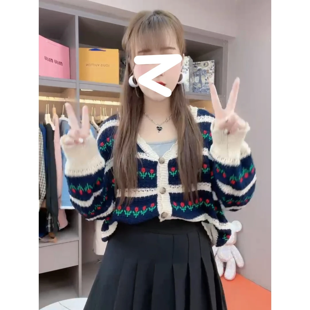 【8089】时尚复古印花长袖针织开衫外套女秋2024新款宽松外搭上衣