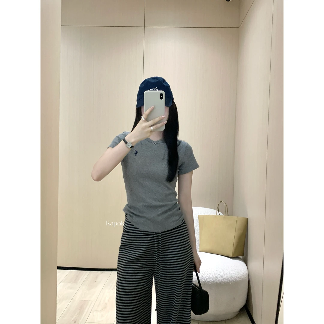 J-25419# 超新棉简约小刺绣正肩显瘦百搭T恤