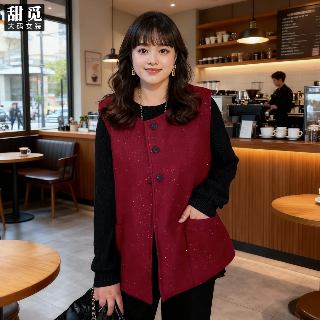 甜觅特大码女装2025冬装胖mm300斤洋气百搭精致闪银呢子马甲外套