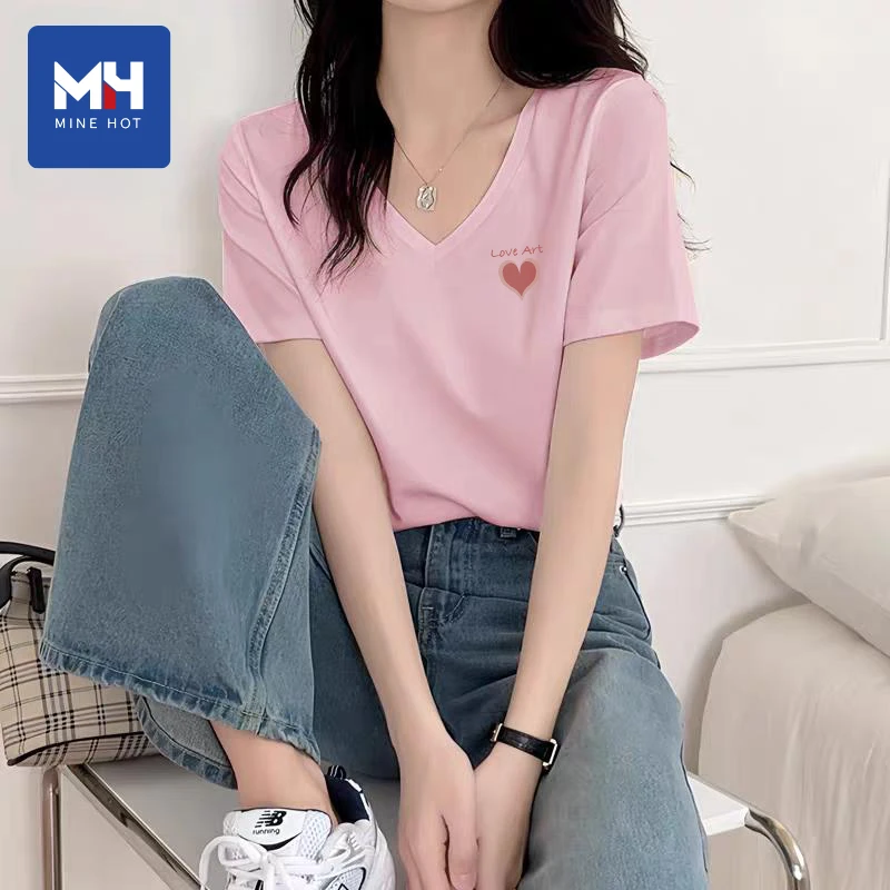 唐狮集团MH女v领短袖t恤2025新款夏季粉色冰丝半袖抗菌正肩上衣H