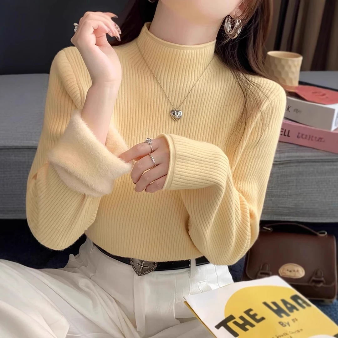 【一体绒】2025秋冬新款半高领毛衣女加绒加厚内搭针织打底衫上衣