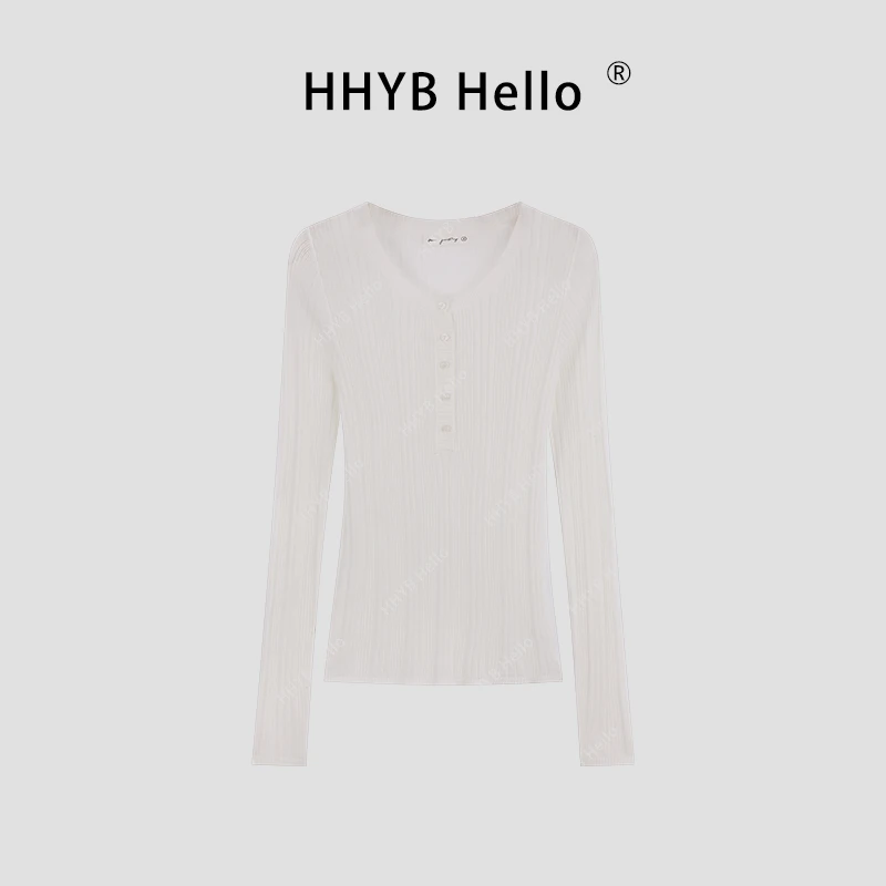 HHYB Hello【2025春季新款】百搭气质圆领长袖小门禁纽扣针织衫M962