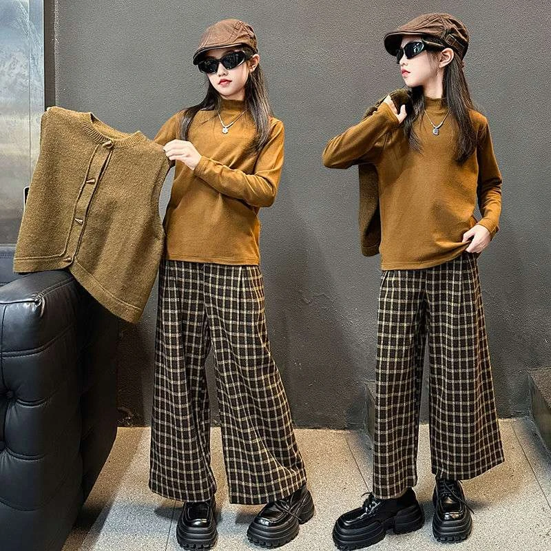 女童春装新款女大童毛衣三件套韩系春装儿童开衫套装洋气春秋