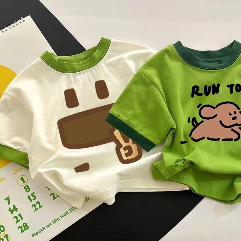 100%纯棉中小童新款男女儿童宝宝短袖t恤卡通百搭洋气休闲上衣