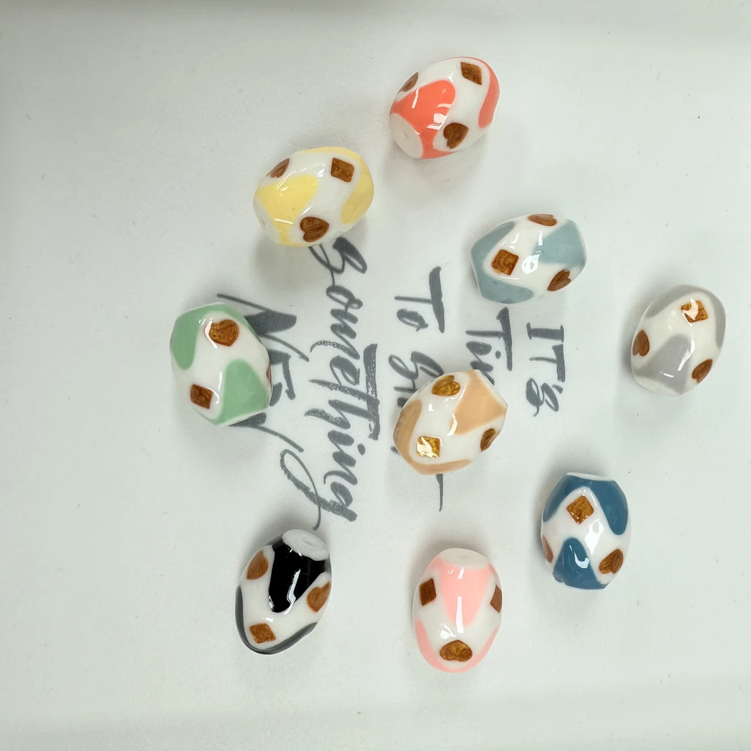 韩国胶定制款52 手绘描金黑色白色桶珠通孔 DIY配件