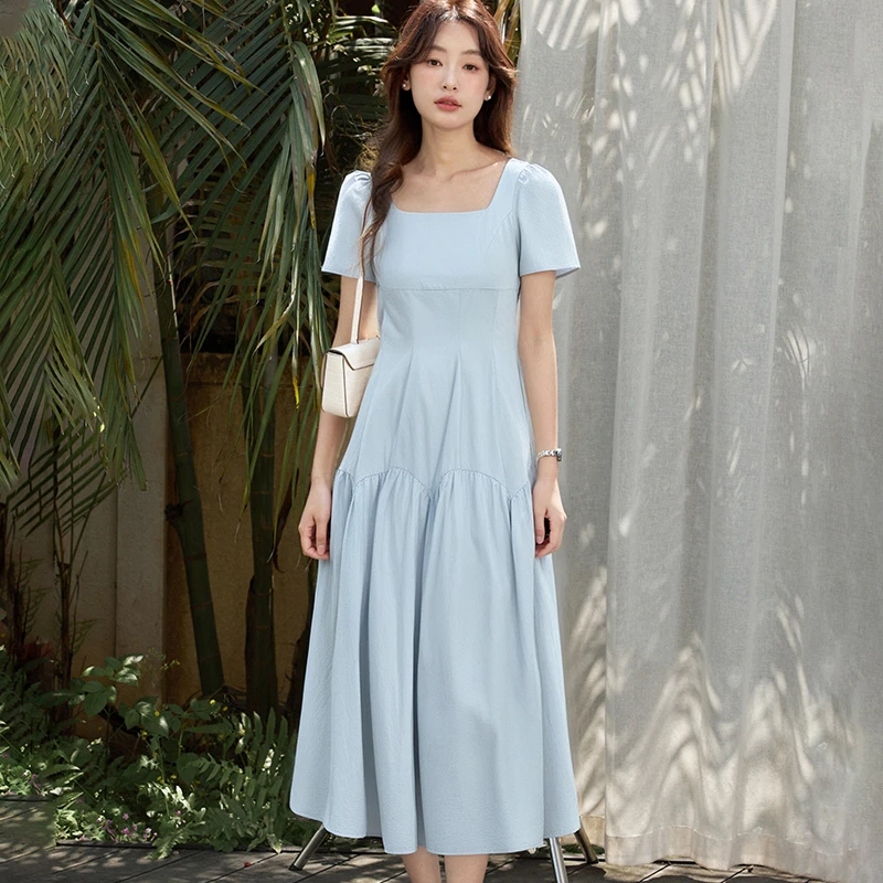 原水法式方领短袖连衣裙女2025款修身气质收腰A字长裙25YS00122
