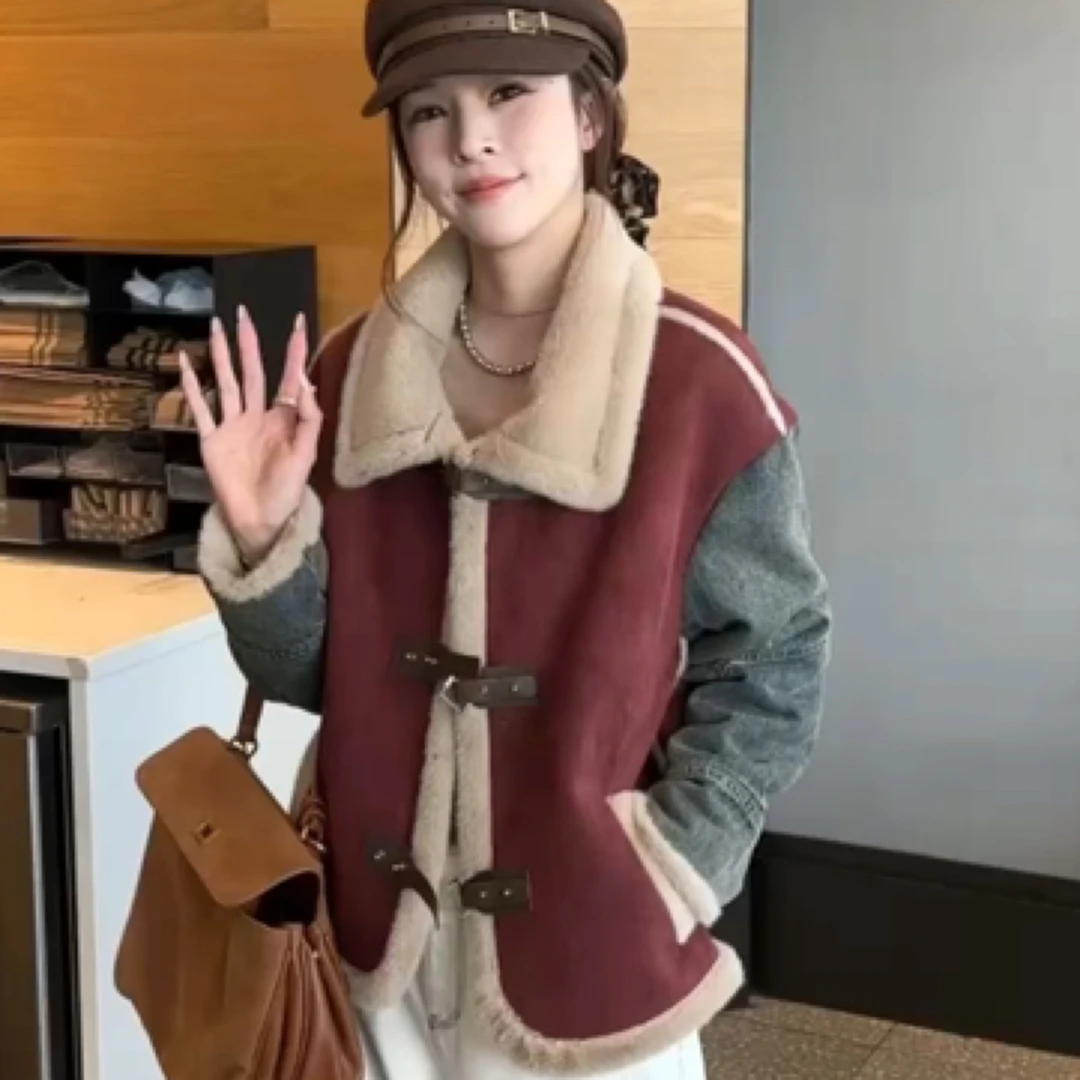 牛仔拼接设计款皮毛一体百搭时尚新款爆款外套