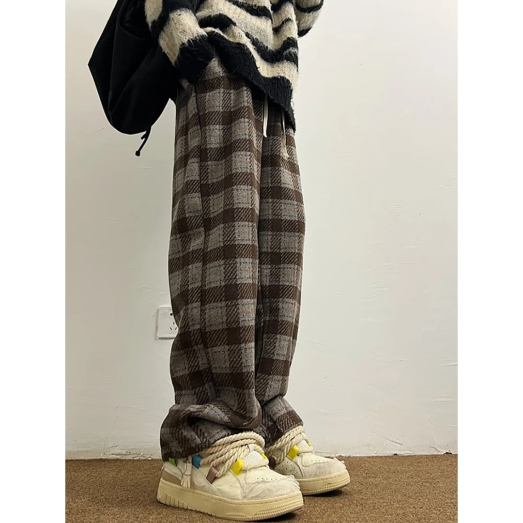 380克原版重磅加厚毛呢格子裤美式vintage宽松阔腿裤休闲港风百搭
