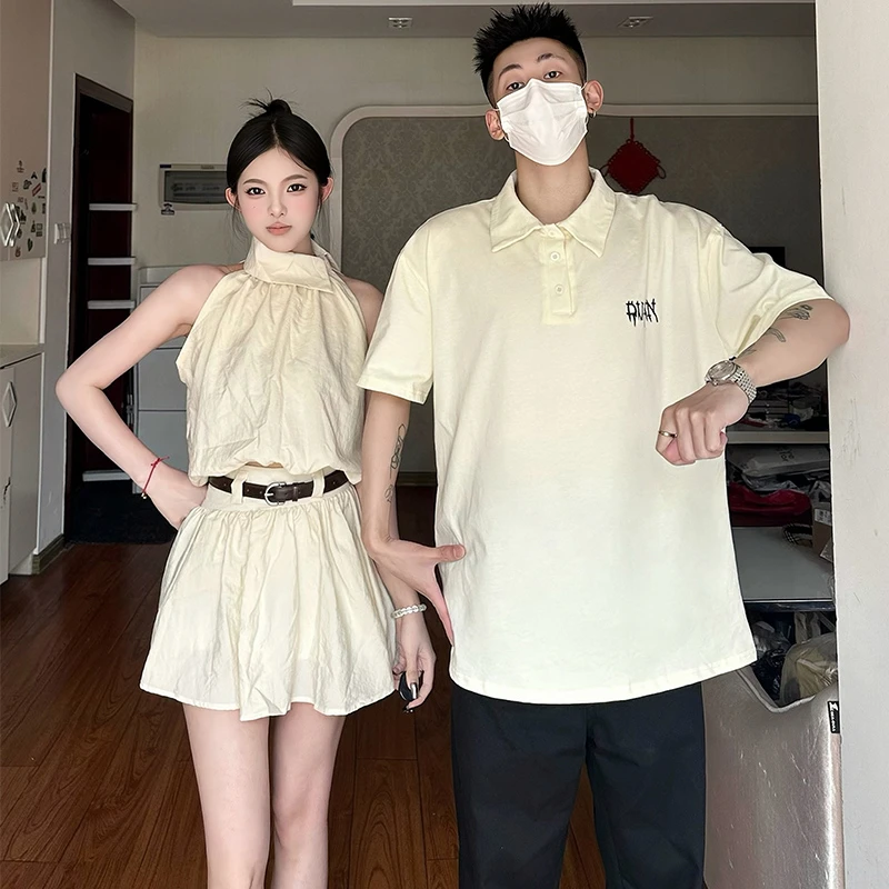 情侣装夏装2025新款韩版短袖T恤女挂脖连衣裙高级感套装一裙一衣