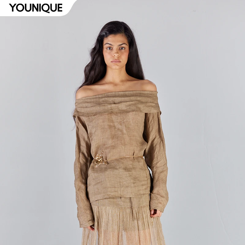 【ICE DUST】 新品25春夏时尚苎麻露肩灯笼袖长袖上衣女