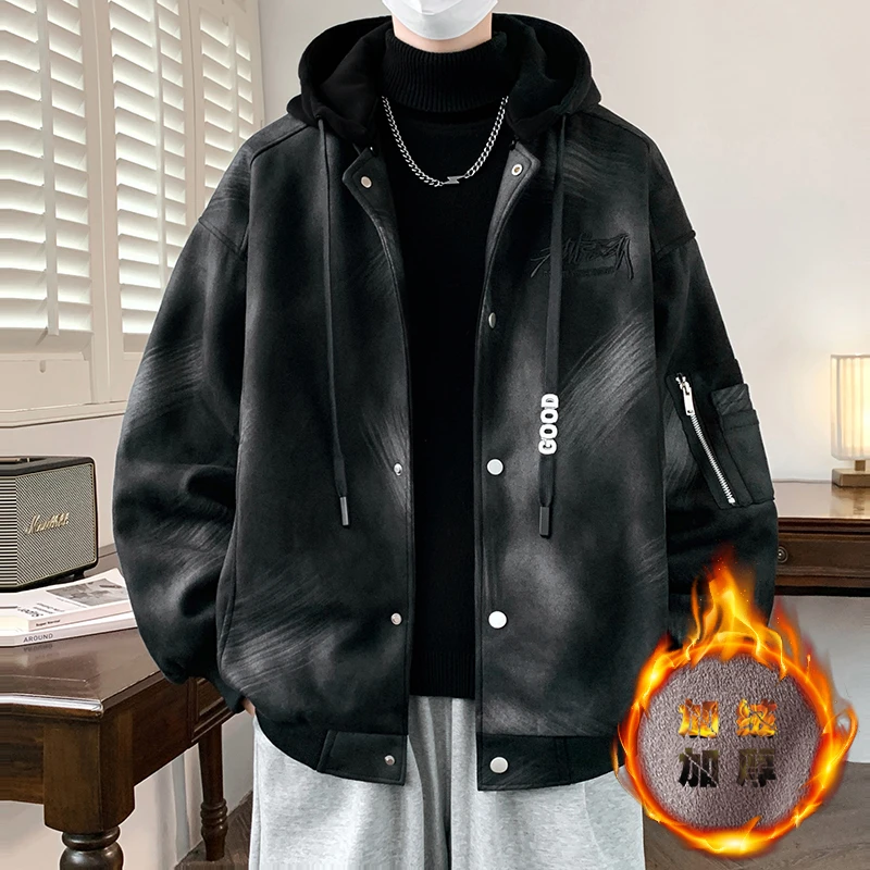 青少年外套男士秋冬季设计潮牌扎染夹克男款学生加绒加厚派克棉服