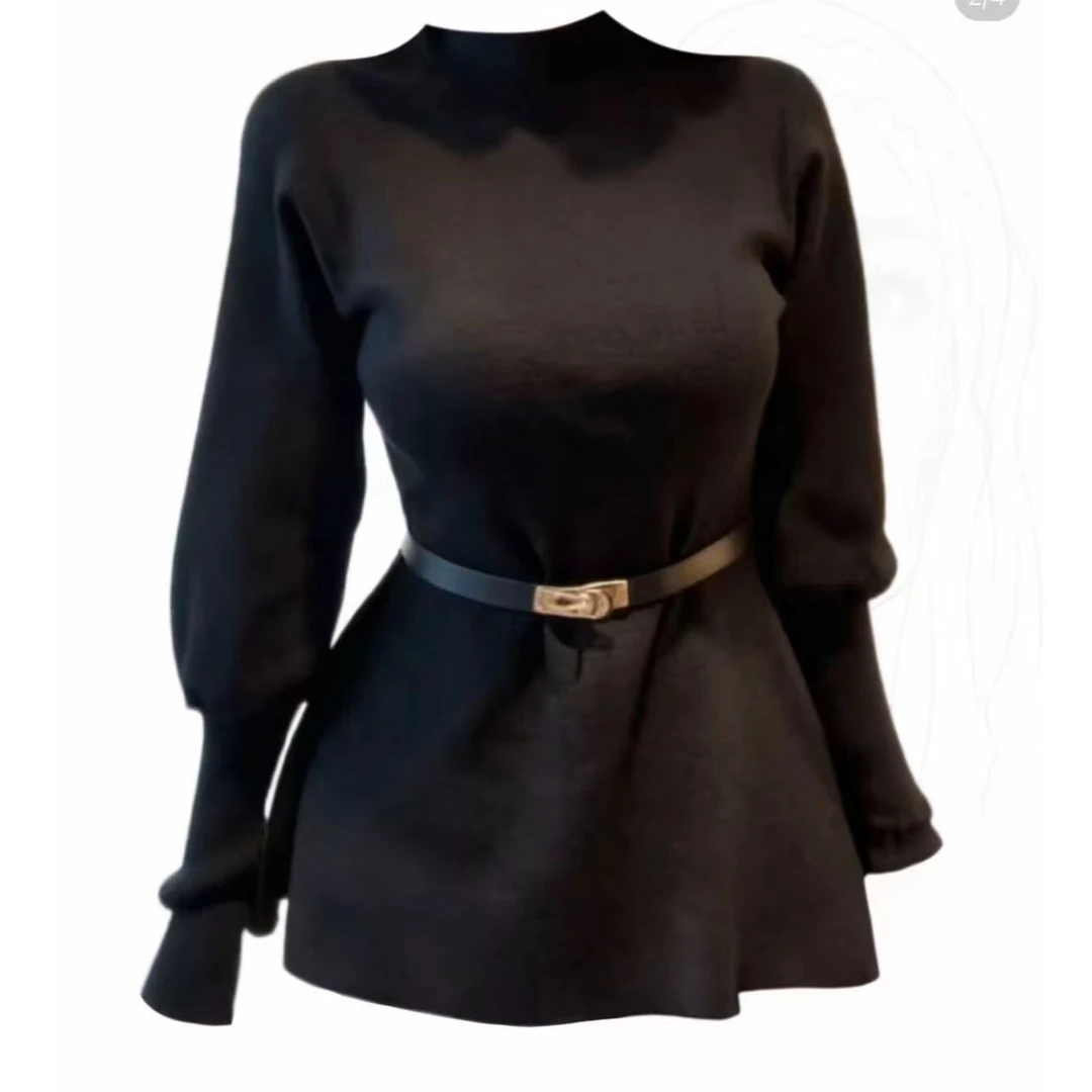 大麦家带腰带半高领灯笼袖黑色t恤9135半高领9135-1 V领