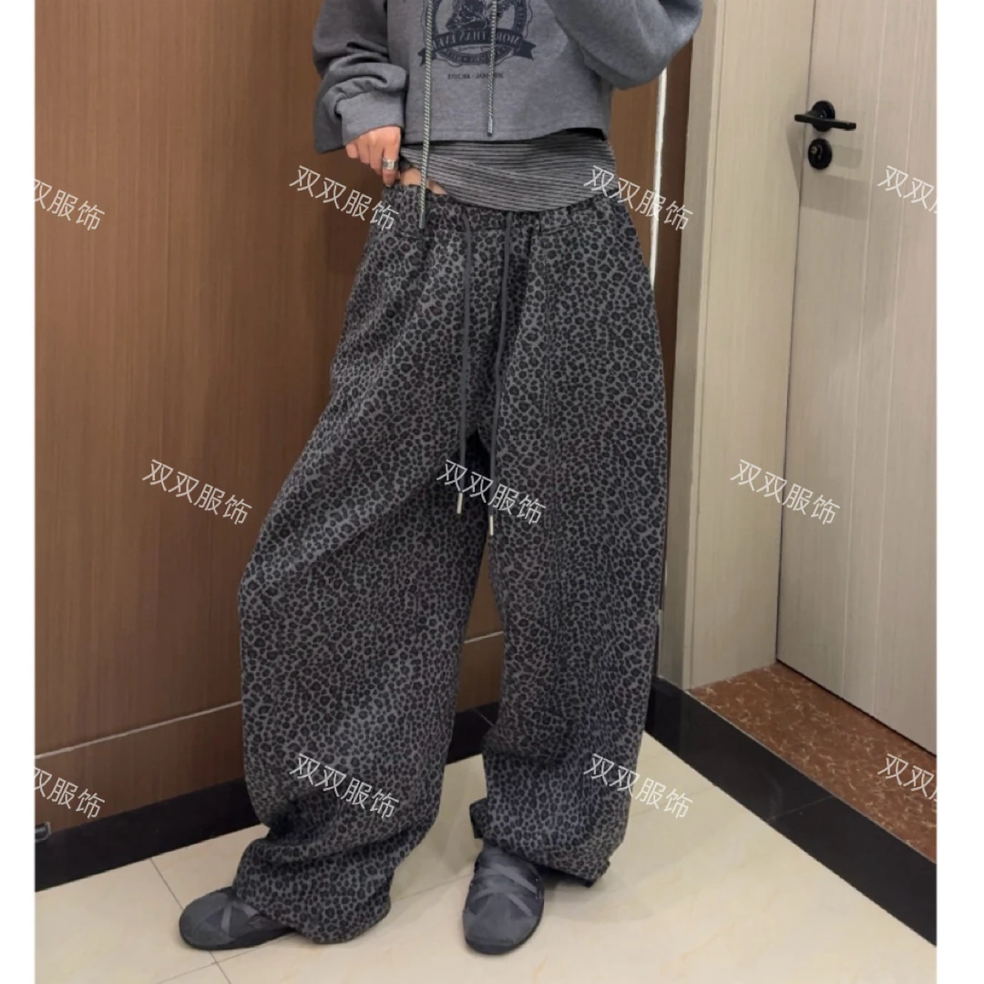 【SSOUHAN】松紧腰抽绳欧货豹纹卫裤洋气时尚秋冬韩版休闲