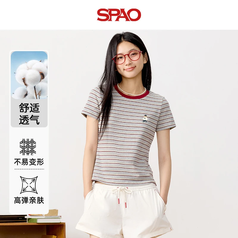 SPAO韩国同款撞色红条纹T恤2025夏季新品慵懒纯欲风女装短上衣YYC