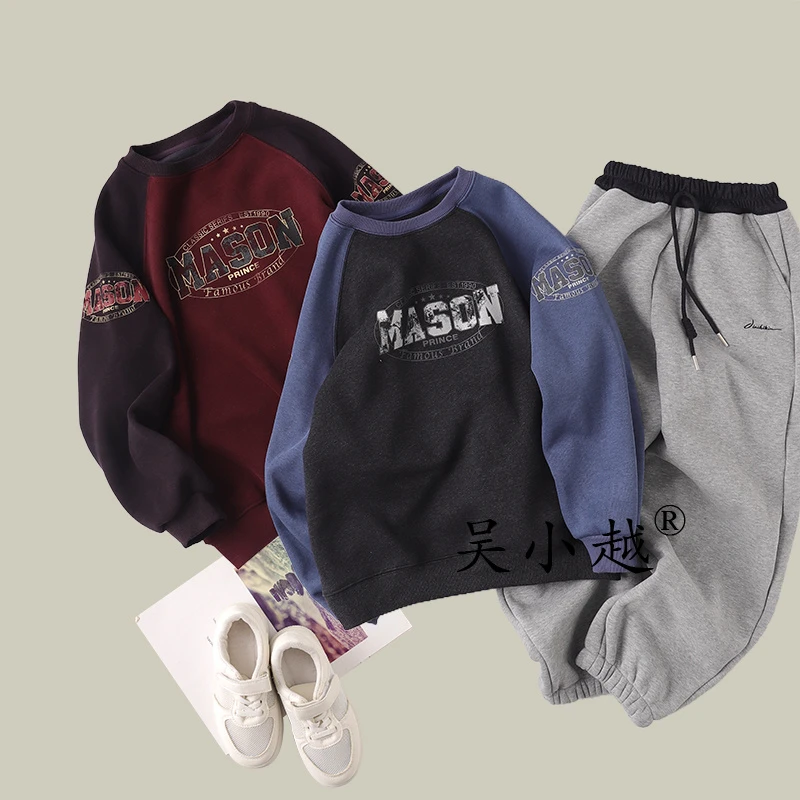 吴小越w1668男童加绒卫衣秋冬新款韩版宽松儿童上衣男孩冬装潮牌