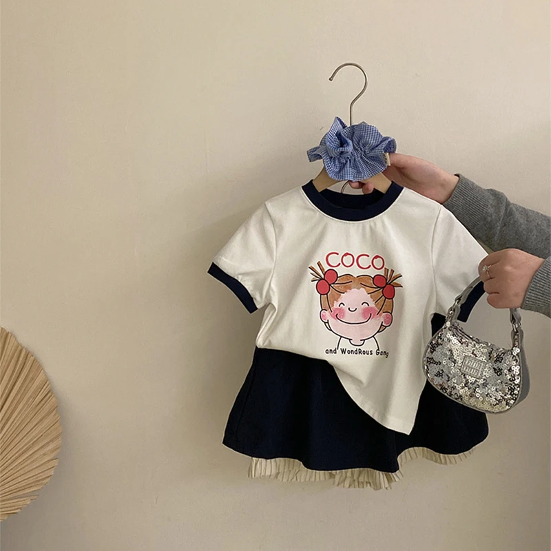 R25263女童韩版夏季新卡通印花上衣短袖百搭假两件半身裙两件套潮