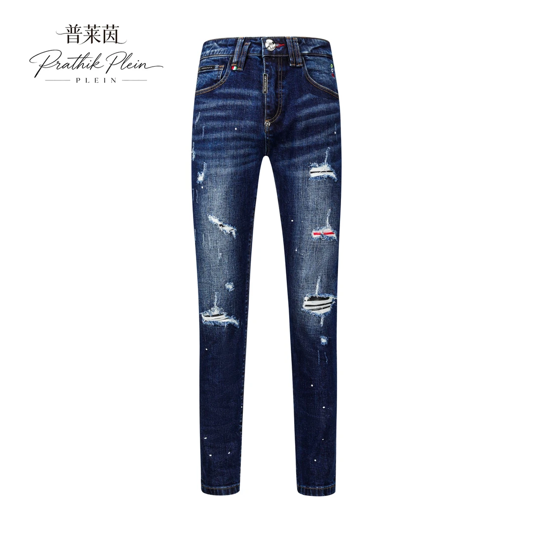 PRATHIKPLEIN【贺岁】夏季款深海蓝潮牌男士牛仔裤高端小直筒百搭
