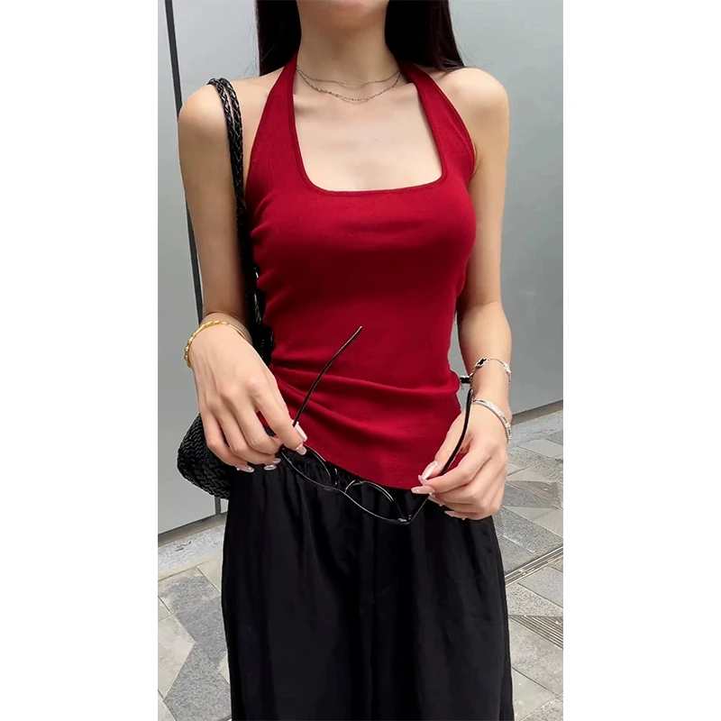 纯欲风复古酒红色挂脖遮副乳露背吊带女春夏新款方领背心内搭上衣