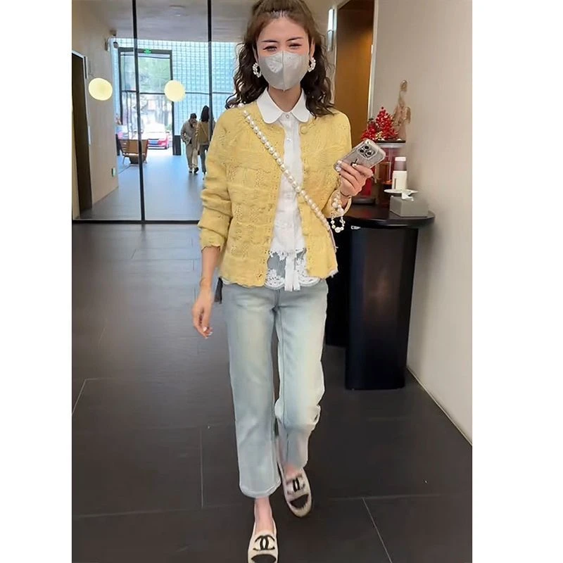 秋冬新款韩版小香风开衫蕾丝内搭搭直筒牛仔裤时尚气质休闲三件套