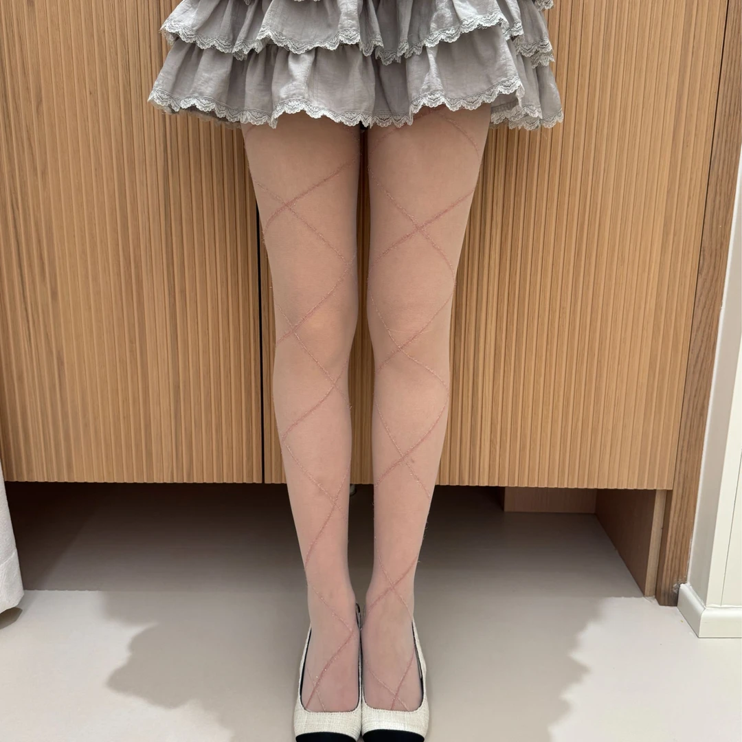 交叉菱形格银丝丝袜复古纯欲风奶白白丝显瘦黑丝亮丝打底女士薄