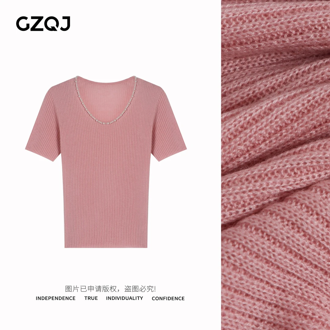 老琴私服【珍珠光年】欧若风时尚珍珠圆领针织短袖T恤女春夏3517