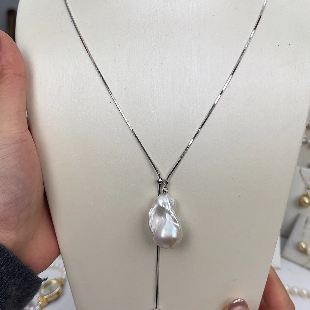 颈饰银S925镶嵌淡水珍珠加长