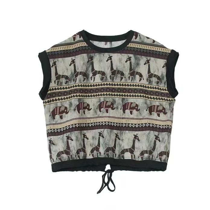 复古小象复古碎花夏季条纹圆领无袖