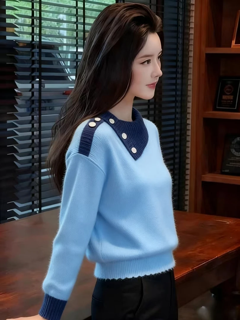 仿貂毛冬季新款老钱风拼色翻领针织衫毛衣高级感休闲气质长袖上衣