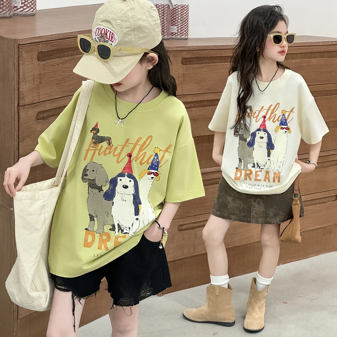 女童夏季短袖t恤2025新款中大童洋气宽松打底衫儿童夏装半袖T上衣