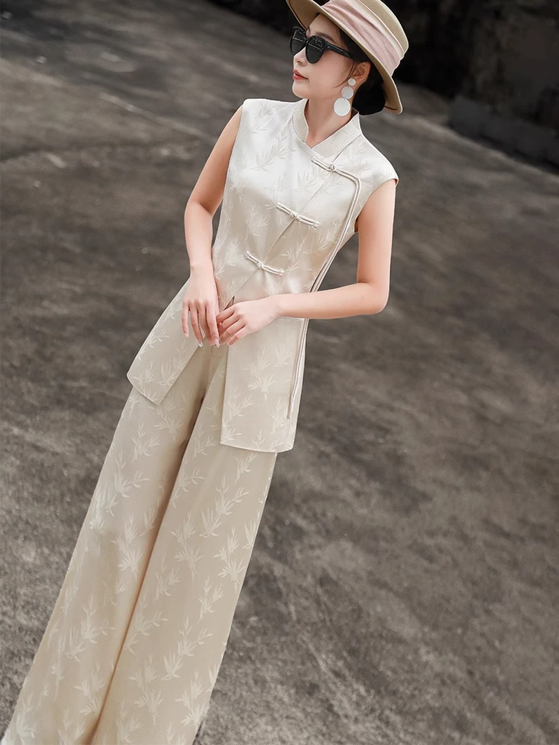 2025夏季新款女时尚气质新中式国风醋酸提花无袖马甲阔腿裤套装潮
