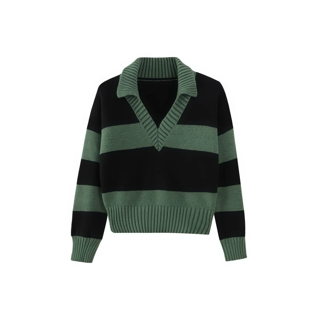 【现货】复古墨绿撞色polo领条纹毛衣女秋冬慵懒风保暖上衣