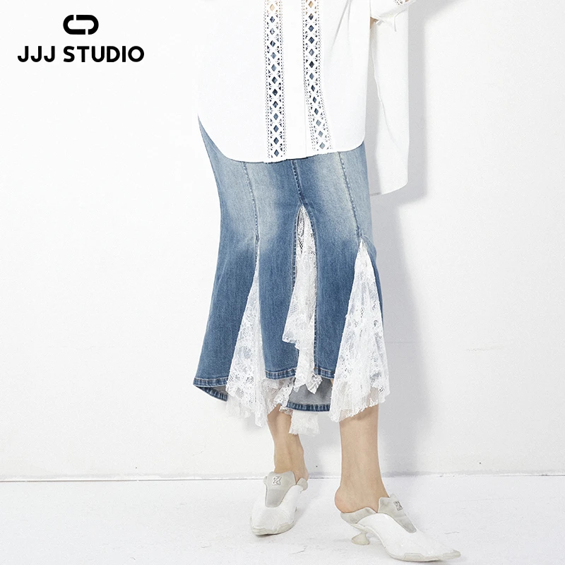 JJJ STUDIO蓝白色蕾丝拼接鱼尾包臀半裙女休闲百搭优雅JUWFS1Q104