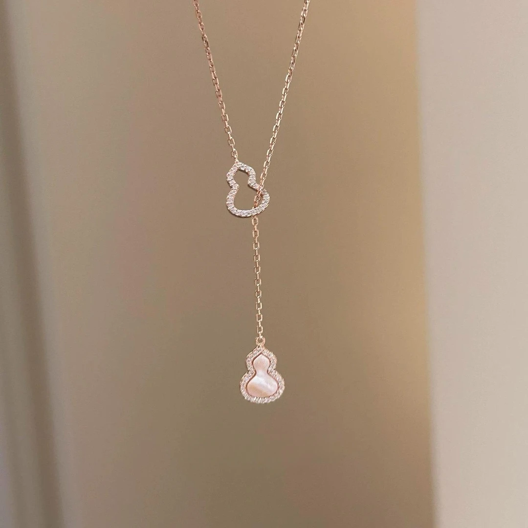 玫瑰金葫芦粉色闪钻吊坠金色项链女轻奢高级感锁骨链小众复古精致